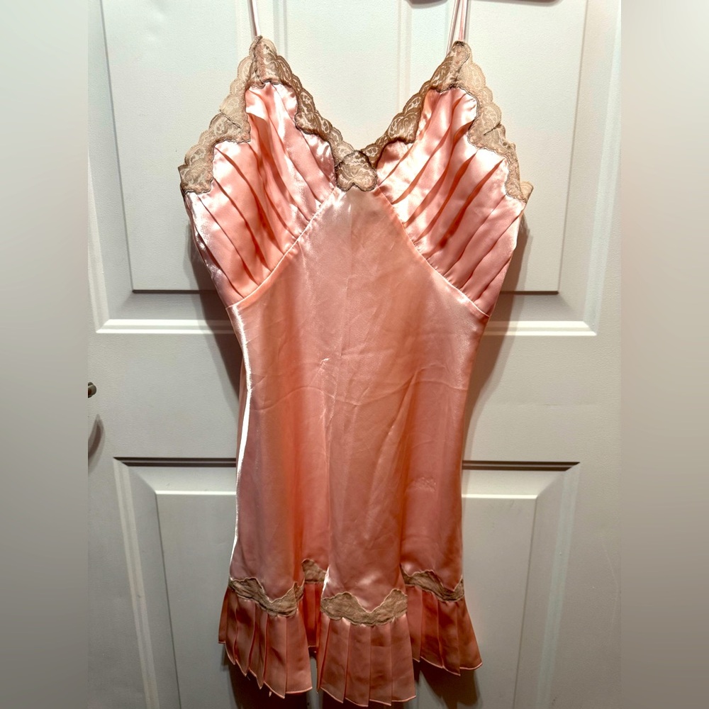 Beautiful VS Pink Satin Pleated at Bust and Hem with Taupe Lace Trim. Size M
